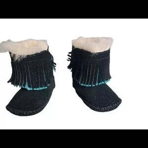 Black Kids Fringe Boots with White Fur Lining